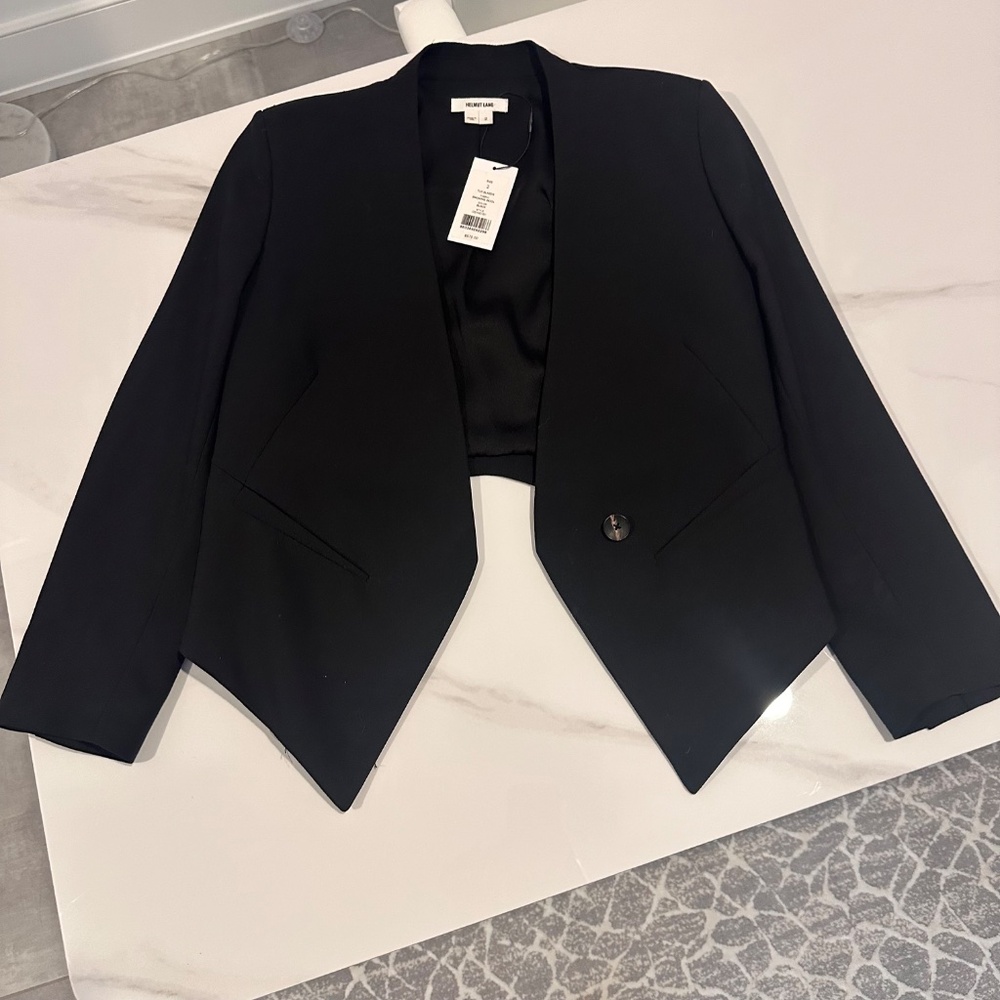 NWT!! Helmut Lang Black Cropped Wool Blend Tuxedo Blazer Jacket Size 2
